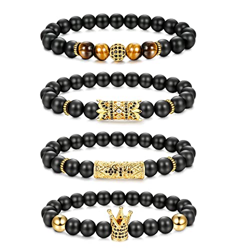 Kakonia 4-teiliges Perlen-Armband für Männer und Frauen, mattschwarzer Onyx, Tigerauge, Krone, König, Panther, Anhänger, elastisch, Lavagestein, Vulkanstein, verstellbares Perlen-Set, Stil-D