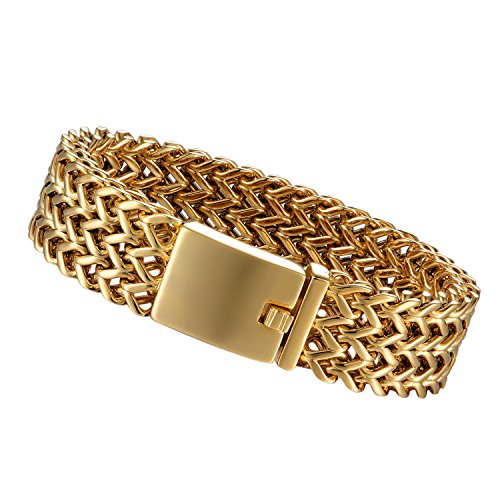 Flongo Herren Armband, 19mm Breit Groß Edelstahl Armband Armreif Cuban Curb Gliederkette Francokette Armkette Fahrradkette Motorradkette Gold Biker für Männer Accessoires Herrenschmuck