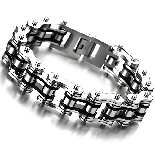COOLSTEELANDBEYOND Herren-Armband Top-Qualität Edelstahl Fahrradkette Motorradkette Schwarz Silber Zwei Töne Hochglanz Poliert