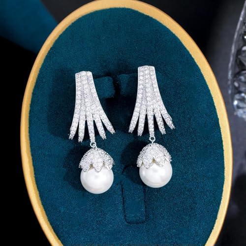 Top Pave Settings CZ Weißgold plattiert Lange Perlen-Ohrhänger für die Braut