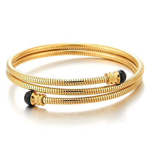 COOLSTEELANDBEYOND Zwei Runden Edelstahl Gold Stahlkabel Armband Armreif mit Schwarzen Zirkonia Charme, Damen Herren
