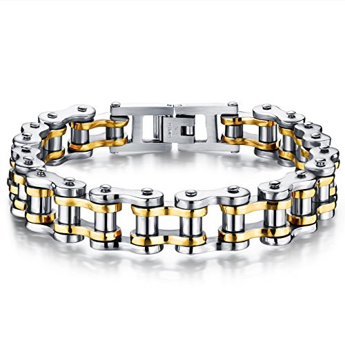 JewelryWe Herren Armband Fahrradkette Motorradkette: Große Schwere Edelstahl Biker Gliederkette Rock Band Armreif Gliederarmband Gold Silber