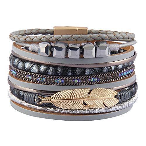 Jenia Damen-Lederarmband, Feder-Wickelarmband, wunderschöner Kristall-Armreif, handgefertigter Schmuck, Boho-Stil, Geschenk für Teenager, Mädchen, Mutter, Schwester, Tochter