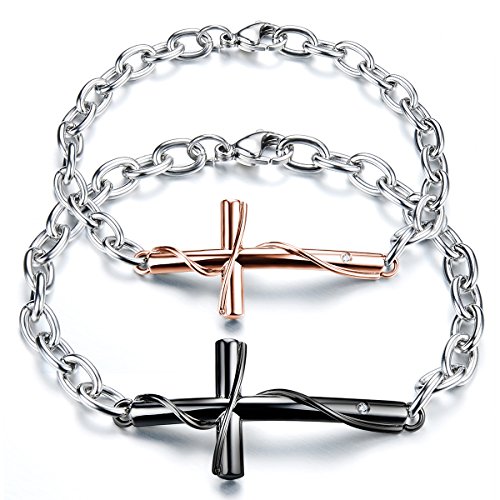 JewelryWe Schmuck 2pcs Herren Damen Pärchen Armband, Lieben Freundschaftsarmband Valentinstag Paar Geschenke, Retro Klassiker Kreuz, Edelstahl, Rose Gold Schwarz Silber