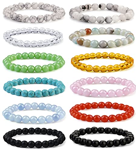 JeweBella 12Stück Natürliche Edelstein Armbänder Damen Herren Perlen Armbänder Rose Quartz Amethyst Tigerauge Obsidian Rotes Achat 6/8MM Lavastein Armband Paare Stretch Armbänder Set