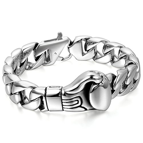 JewelryWe Schmuck Herren Armband, Einzigartig Boxhandschuh Boxhandschuhe Handschuhe Panzerkette Poliert Link, Edelstahl, Silber