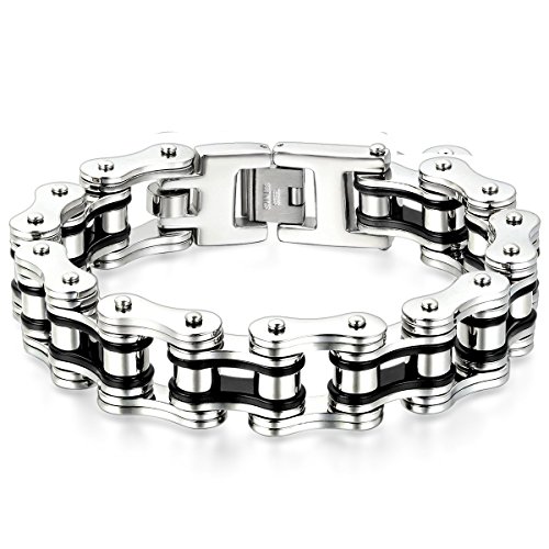 JewelryWe Schmuck Herren Armband, Poliert Breit Link Fahrradkette Biker Armreif, Edelstahl, Schwarz Silber
