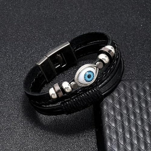 Geflochtene Armreifen für Männer mit bösem Blick, mehrlagige Lederarmbänder, 8,5 Zoll, Standard