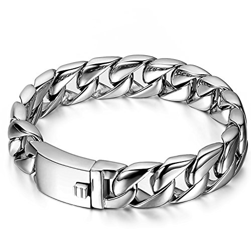 JewelryWe Personalisierte Schmuck Herren Armband, Klassiker Hochglanz Poliert Panzerkette Armreif, Edelstahl, Silber, kostenlos Gravur