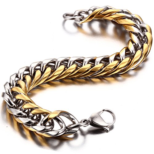 Flongo Herren Armband Männer Armreif Edelstahl Armband Armreif Panzerkette Link Handgelenk Silber Gold Golden Punk Rock Motorradfahrer Biker Herren