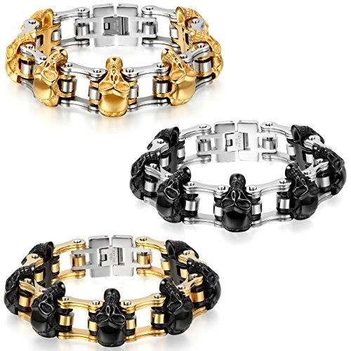 JewelryWe Schmuck 3pcs Herren Armband, Edelstahl, Gotik Totenkopf Schädel Fahrradkette Biker Link, Gold Schwarz Silber