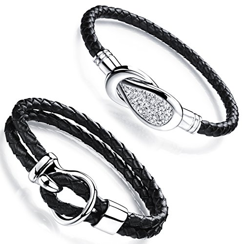 Aroncent 2PCS Herren Damen Armband, Elegant Infinity Unendlichkeit Doppelt Geflochten Armreif Partnerschaftsarmband in Silber Schwarz, Edelstahl Leder