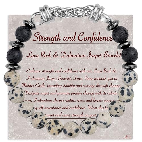 Farfume 8mm Perlenarmbänder für Männer, Kristall Naturstein Stretch Kubanische Kette Armband Edelstein Gliederarmband Geschenke für Freund Vater Ehemann Sohn (Lava&Dalmatiner Stein)