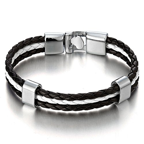COOLSTEELANDBEYOND Schwarz Weiß DREI Reihen Geflochtenes Lederarmband für Damen Herren, Wickeln Schweissband Schweißband
