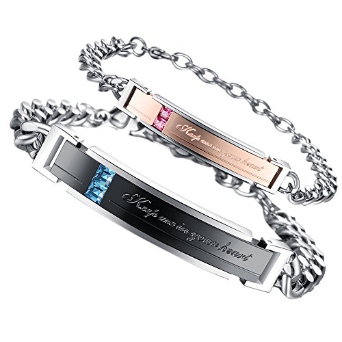 Flongo 2 Stückes Keep Me in Your Heart Edelstahl Armband Armreif Panzerarmband Armkette Silber Schwarz Rose Gold Lieben Valentines Partner His & Hers Setzen Charme Herren,Damen