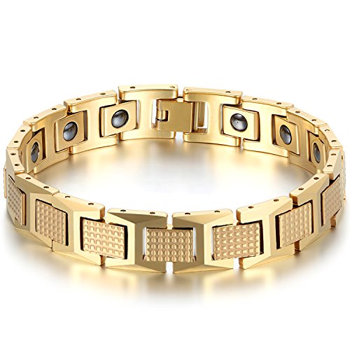 JewelryWe Schmuck Herren Magnet Armband, Luxus Kariert Rechteck I Link Magnetarmband Armreif, Wolfram Wolframcarbid, Gold