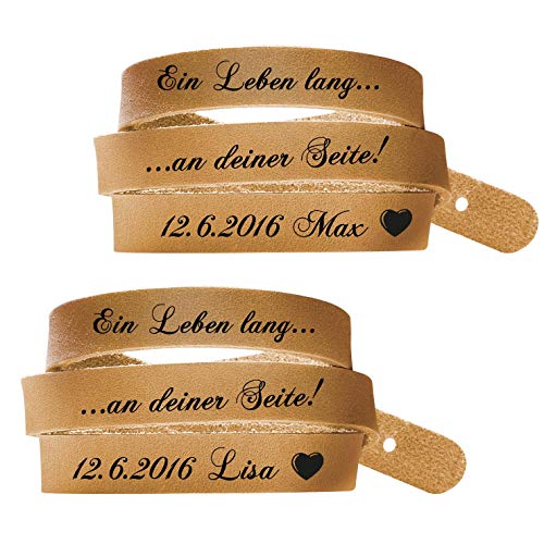schenkYOU® 2er-Set Wickelarmbänder in Natur-Braun mit Gravur gestalten - Echt Lederarmbänder mit Ihrem Wunschtext graviert - Partnerschmuck als individuelle Geschenkidee für Muttertag