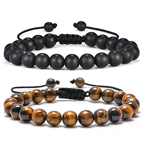 TINGN Herren Armband Geschenke für Großvater 8mm Tigerauge Schwarz Matt Achat Armband Herren Angst Armband Verstellbares Armband Vater Geschenke Väter Geschenke Opa Geschenke für Männer