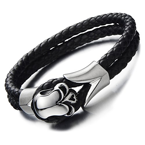 COOLSTEELANDBEYOND Herren Leder-Armband Edelstahl Biker Schädel-Armband Wickeln Schweißband Geflochtenem Schwarz Echtem Leder