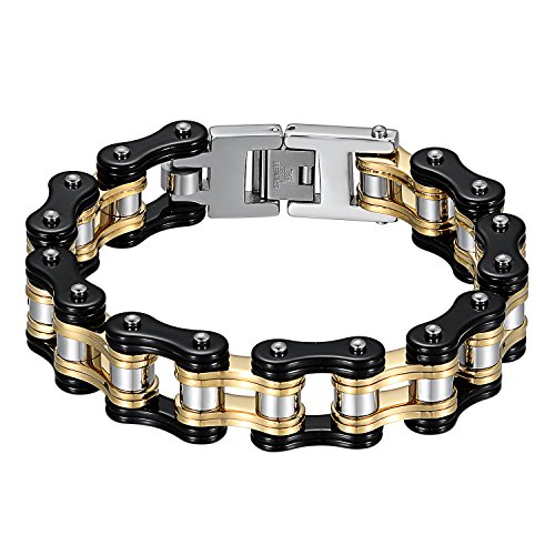 JewelryWe Schmuck Herren Biker Kette Armband, Groß Schwer DREI Töne Hochglanz Poliert Fahrradkette Motorradkette Armkette Armreif aus Edelstahl, Schwarz Gold Silber