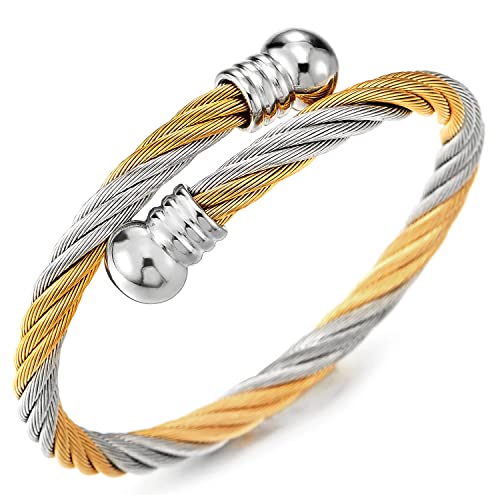 COOLSTEELANDBEYOND Elastische Verstellbare Damen Herren Armband Edelstahl Verdrehten Stahlkabel Armreif Silber Gold Zweifarbig