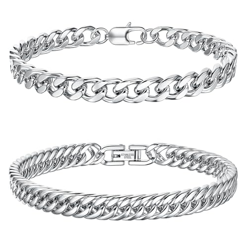 Dochais 2 Stücke Edelstahl Armband Herren, Kubanische Armband Herren Silber Gold, Männer Armband 23cm Länge, Herrenarmbänder 7,5/8mm Breite, Armbänder Für Herren (Silber)