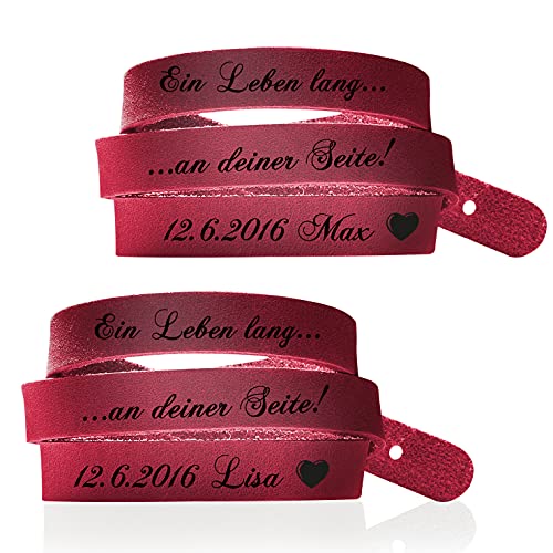 schenkYOU® Zwei Wickelarmbänder mit Gravur gestalten in Latico-rot - Echt Lederarmbänder mit Ihrem Wunschtext graviert - Partnerschmuck als individuelle Geschenkidee für Weihnachten