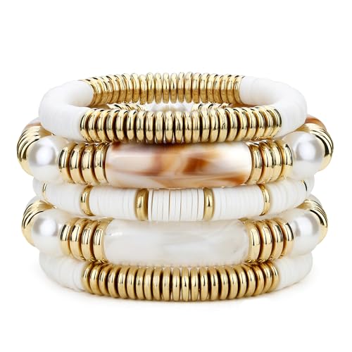 Dochais 5 Stücke Stapelbar Boho Armband Damen Stretch Perlen Armbänder Frauen Böhmische Mehrschichtiges Perlenarmband mit Kristalle Acryl Bead bracelet Schmuck Geschenke