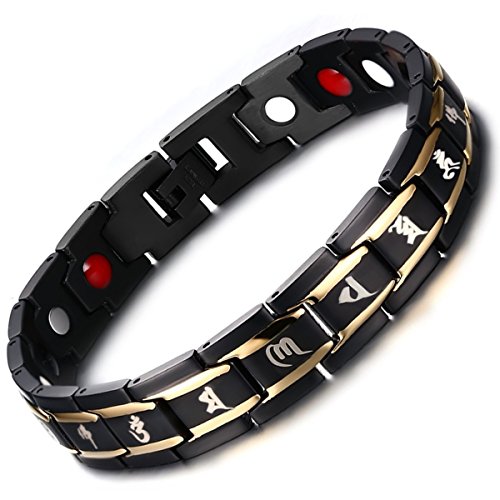 Flongo Herren Magnetarmband Edelstahl sechs Buchstaben Mantra Buddhistisch Gesundheitspflege Therapie Edelstahl Armband Armreif Magnet Armband für Männer Frauen Geschenk Vatertag schwarz gold