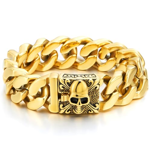 COOLSTEELANDBEYOND Herren Großes Gold Schwarz Edelstahl Panzerkette Armband mit Fleur de Lis und Schädel, Biker Gotik