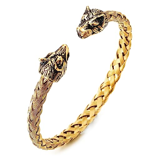 COOLSTEELANDBEYOND Herren Wolfskopf Armband Edelstahl Geflochtene Stahlkabel Armreif Gold Schwarz, Verstellbare