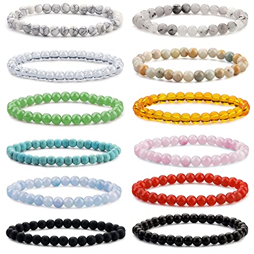 JeweBella 12Stück Natürliche Edelstein Armbänder Damen Herren Perlen Armbänder Rose Quartz Amethyst Tigerauge Obsidian Rotes Achat 6/8MM Lavastein Armband Paare Stretch Armbänder Set