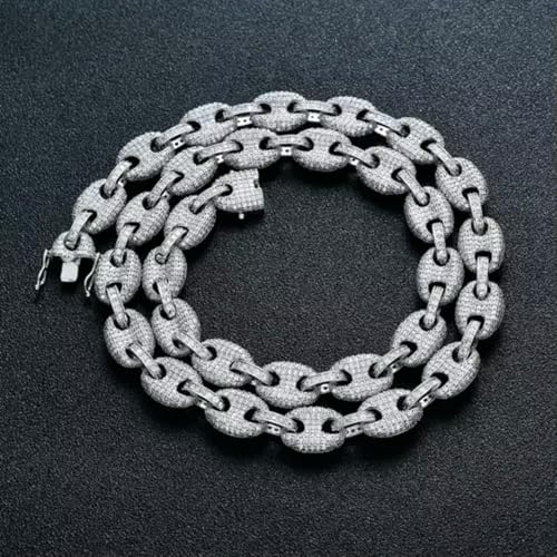 Herren-Halskette mit Schweinenase, 12 mm, mit Iced Crystal Flooded CZ, Hip-Hop-Armband, A9267 – 45,7 cm, 14 Karat Weißgold plattiert