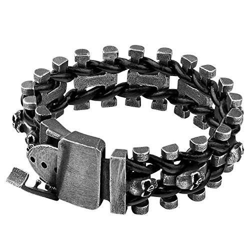 ForFox Punk Schwarz Breit Titan Edelstahl Totenkopf Leder Armband für Herren 20cm