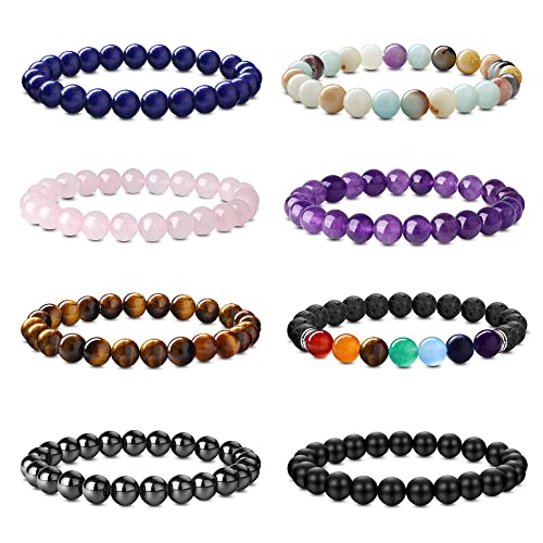 JeweBella 8 Stück Natürliche Edelstein Armbänder Set Damen Herren Perlen Armbänder Rose Quartz Amethyst Tigerauge Stein Obsidian Türkis Chakra Armband Paare Stretch Edelsteine Heilsteine Armband Set