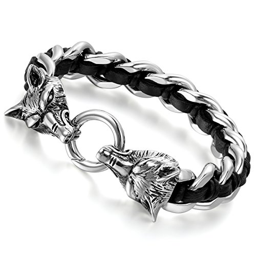 Flongo Edelstahl Leder Echtleder Armband Armreifen Manschette Silber Schwarz Wolf Geflochten Gotik Motorradfahrer Biker Herren