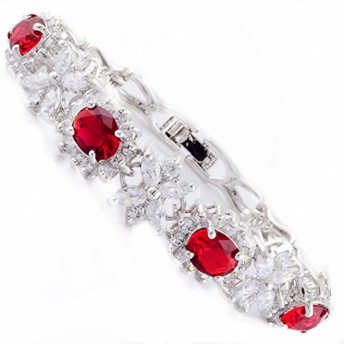 RIVA Blume Tennis Armband [18cm/7inch] mit Ovalschliff Edelstein Zirkonia CZ [Rot Rubin] in 18K Weißgold Vergoldet, Einfache Moderne Eleganz
