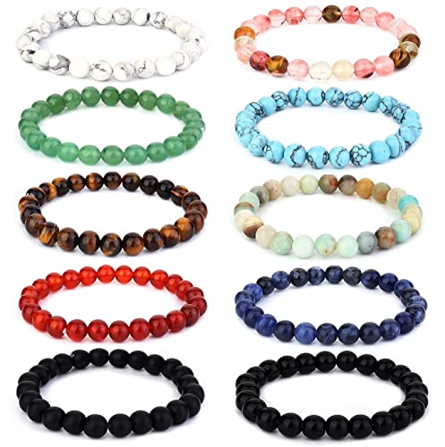Finrezio 10 Stück 6mm Natürliche Perlen Armbänder für Damen Herren Energie Heilstein Stretch Elastisches Armband Set Kristall Charm Paare Armbänder
