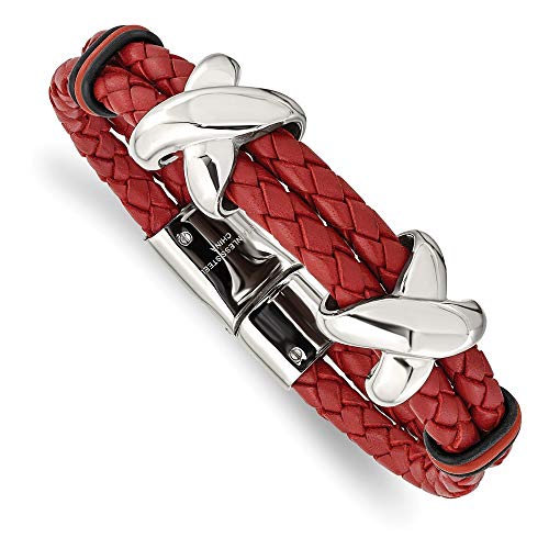 Edelstahl poliert Rot Leder Armband Gummi - 8 Zoll-JewelryWeb