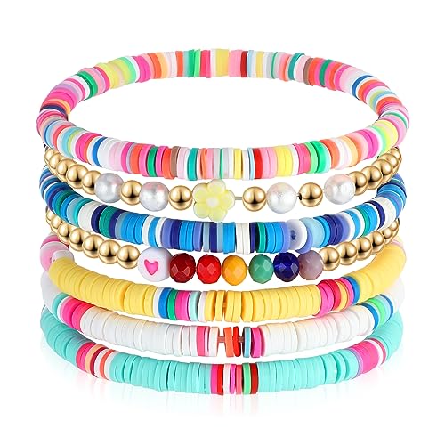 7 Stück Perlenarmband Damen Bracelet Set Buntes Perlen Stretch Armband Bead Armband Stapelbare Boho Armbänder aus Ton Wunderschöner Sommer Strand Perlen Set Schmuck für Frauen und Mädchen