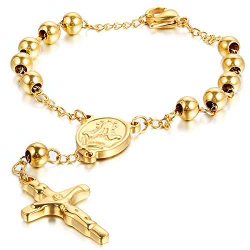 JewelryWe Rosenkranz Kreuz Armband Damen: Gold Edelstahl Perlen Kugelkette Armreif Armkette mit Jesus Kruzifix Anhänger Verstellbar Kettenarmband Religiöse Schmuck Geschenk für Frauen Männer