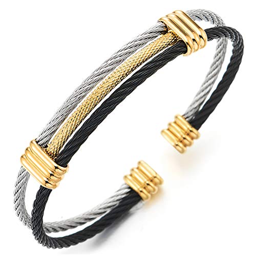 COOLSTEELANDBEYOND Edelstahl Elastische Herren Damen Armband Verstellbare Stahlkabel Armreif Silber Gold Schwarz