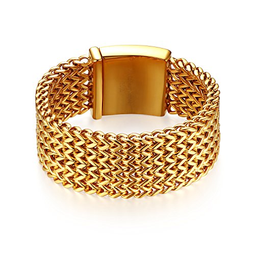 JewelryWe Schmuck Herren Armband, 30mm Breit Groß Schwer Hochglanz Poliert Panzerkette Gliederkette Armkette, Edelstahl, Gold, kostenlose Gravur