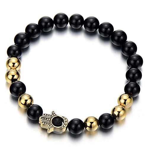 COOLSTEELANDBEYOND Edelstahl Gold Hamsa Hand der Fatima Schutz Herren Damen Armband mit Schwarz Onyx Perlen, Prayer Mala