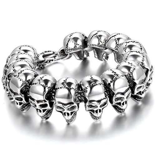 JewelryWe Schmuck Herren Armband, Schwere groß Breit Edelstahl Gotik Totenkopf Schädel Biker Armreif, Schwarz Silber