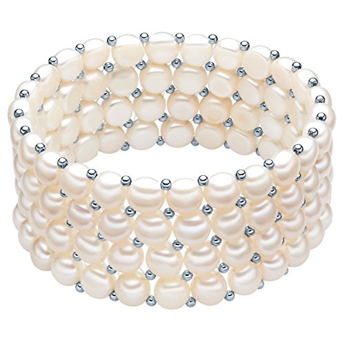 Valero Pearls Damen elastisch Hochwertige Süßwasser Zuchtperlen in ca. 6 mm Button weiß 19 cm   Perlenarmband mit echten Perlen weiss 60201668