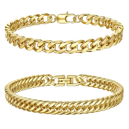 Dochais 2 Stücke Edelstahl Armband Herren, Kubanische Armband Herren Silber Gold, Männer Armband 23cm Länge, Herrenarmbänder 7,5/8mm Breite, Armbänder Für Herren