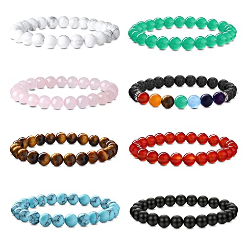 JeweBella 8 Stück Natürliche Edelstein Armbänder Set Damen Herren Perlen Armbänder Rose Quartz Amethyst Tigerauge Stein Obsidian Türkis Chakra Armband Paare Stretch Edelsteine Heilsteine Armband Set