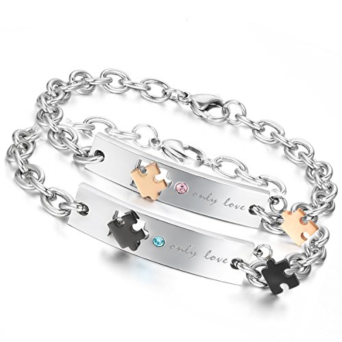 Flongo Partnerarmbänder Partnerketten BFF Freundschaftsarmbänder, 2 Stück Only Love Edelstahl Armband BFF Armketten Silber Schwarz Rose Gold Puzzle Rätsel Panzerkette Kette Herren,Damen