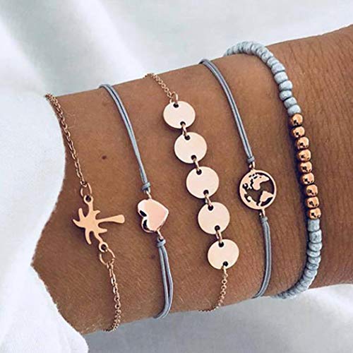 Yean Boho geschichtet Armbänder Pailletten Gold Herz Armband Set mit Karte Handgefertigte Perlen verstellbarer Accessoire Schmuck für Frauen und Mädchen (5 Stück)